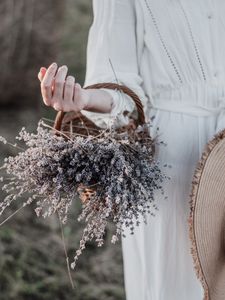 Preview wallpaper lavender, basket, flowers, hand, girl