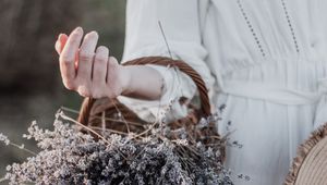 Preview wallpaper lavender, basket, flowers, hand, girl