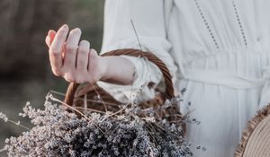 Preview wallpaper lavender, basket, flowers, hand, girl