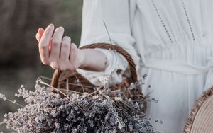 Preview wallpaper lavender, basket, flowers, hand, girl