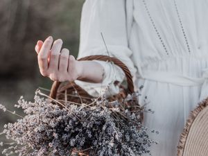 Preview wallpaper lavender, basket, flowers, hand, girl