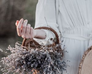 Preview wallpaper lavender, basket, flowers, hand, girl