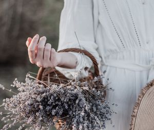 Preview wallpaper lavender, basket, flowers, hand, girl