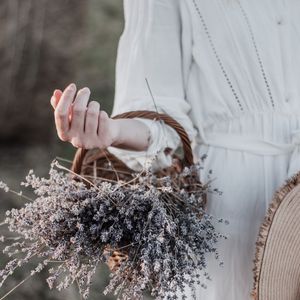 Preview wallpaper lavender, basket, flowers, hand, girl