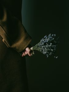 Preview wallpaper lavender, bouquet, hand, flowers, dark