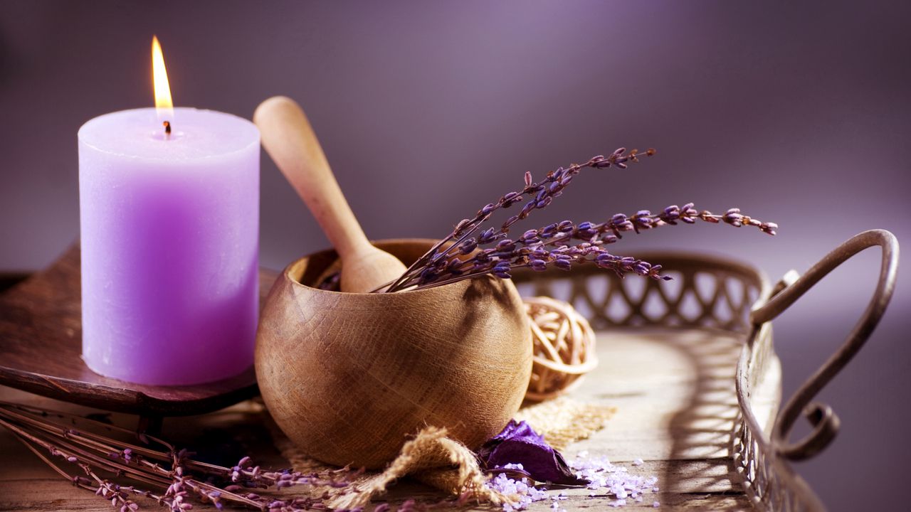 Wallpaper lavender, candle, mortar, cup, aromatherapy