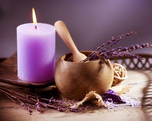 Preview wallpaper lavender, candle, mortar, cup, aromatherapy
