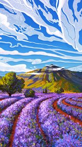 Preview wallpaper lavender, field, mountain, landscape, art