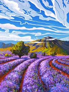 Preview wallpaper lavender, field, mountain, landscape, art