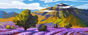 Preview wallpaper lavender, field, mountain, landscape, art