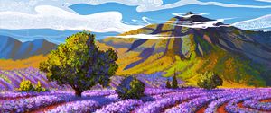 Preview wallpaper lavender, field, mountain, landscape, art