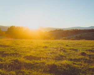 Preview wallpaper lawn, hills, sunlight, bright, landscape