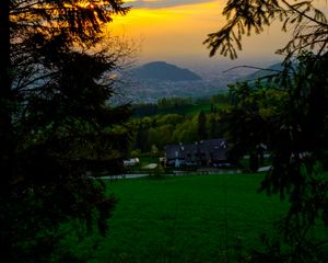 Preview wallpaper lawn, house, trees, hills, villa, country, nature