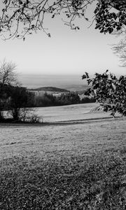 Preview wallpaper lawn, landscape, bw, hills, trees