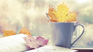 Preview wallpaper leaf, cup, book, autumn