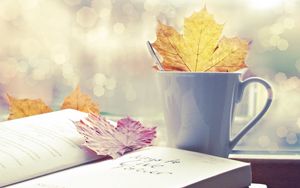 Preview wallpaper leaf, cup, book, autumn