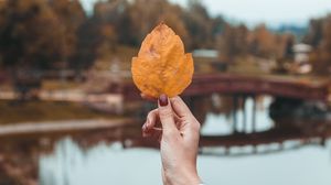 Preview wallpaper leaf, hand, fingers, autumn