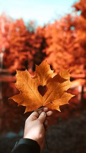 Preview wallpaper leaf, maple, autumn, heart, hand, blur