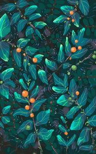 Preview wallpaper leaves, art, patterns, berries, paint, green