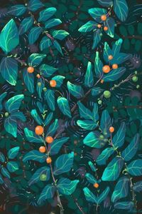 Preview wallpaper leaves, art, patterns, berries, paint, green