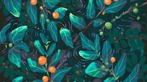 Preview wallpaper leaves, art, patterns, berries, paint, green