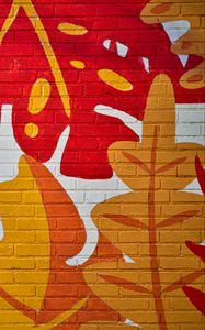 Preview wallpaper leaves, graffiti, bricks, surface, texture