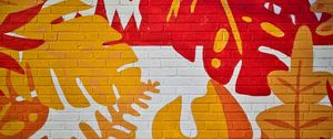 Preview wallpaper leaves, graffiti, bricks, surface, texture
