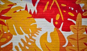 Preview wallpaper leaves, graffiti, bricks, surface, texture