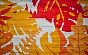 Preview wallpaper leaves, graffiti, bricks, surface, texture