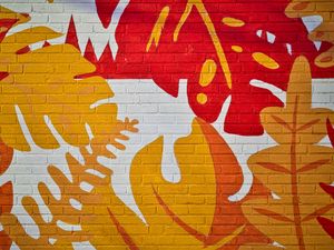 Preview wallpaper leaves, graffiti, bricks, surface, texture