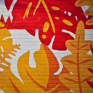 Preview wallpaper leaves, graffiti, bricks, surface, texture