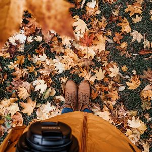 Preview wallpaper legs, boots, autumn, leaves