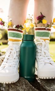 Preview wallpaper legs, boots, flowers, thermos, style