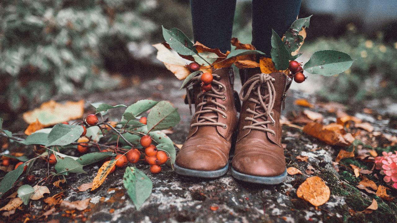 Wallpaper legs, boots, leaves, berries, autumn