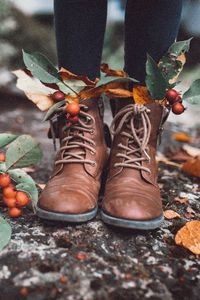 Preview wallpaper legs, boots, leaves, berries, autumn