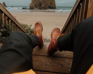Preview wallpaper legs, boots, stairs, beach, rock