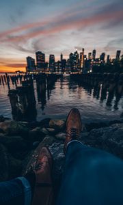 Preview wallpaper legs, boots, style, city, sunset