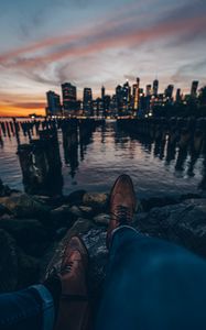 Preview wallpaper legs, boots, style, city, sunset