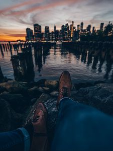 Preview wallpaper legs, boots, style, city, sunset