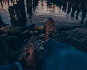 Preview wallpaper legs, boots, style, city, sunset
