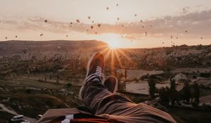 Preview wallpaper legs, landscape, sunset, air balloons, mountains, rest