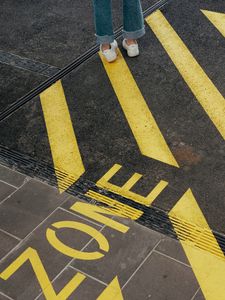 Preview wallpaper legs, marking, yellow, asphalt