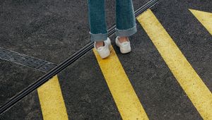 Preview wallpaper legs, marking, yellow, asphalt