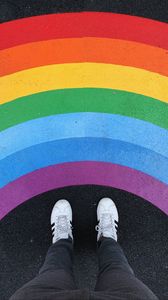Preview wallpaper legs, rainbow, sneakers, colorful, asphalt