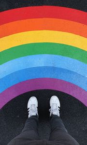 Preview wallpaper legs, rainbow, sneakers, colorful, asphalt