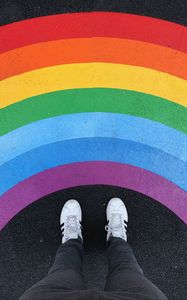 Preview wallpaper legs, rainbow, sneakers, colorful, asphalt