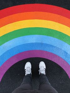 Preview wallpaper legs, rainbow, sneakers, colorful, asphalt
