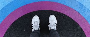 Preview wallpaper legs, rainbow, sneakers, colorful, asphalt