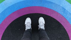 Preview wallpaper legs, rainbow, sneakers, colorful, asphalt
