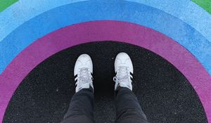 Preview wallpaper legs, rainbow, sneakers, colorful, asphalt